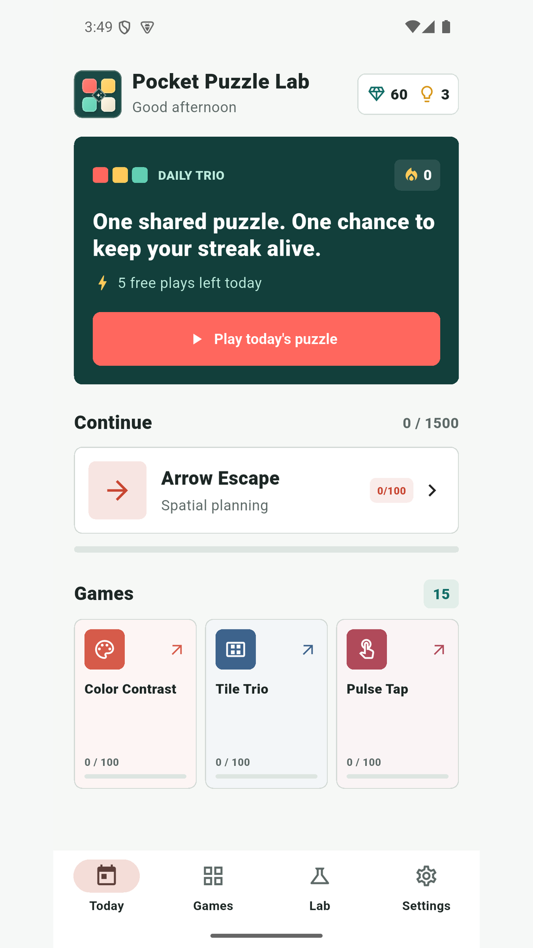 Puzzle Lab daily home screen